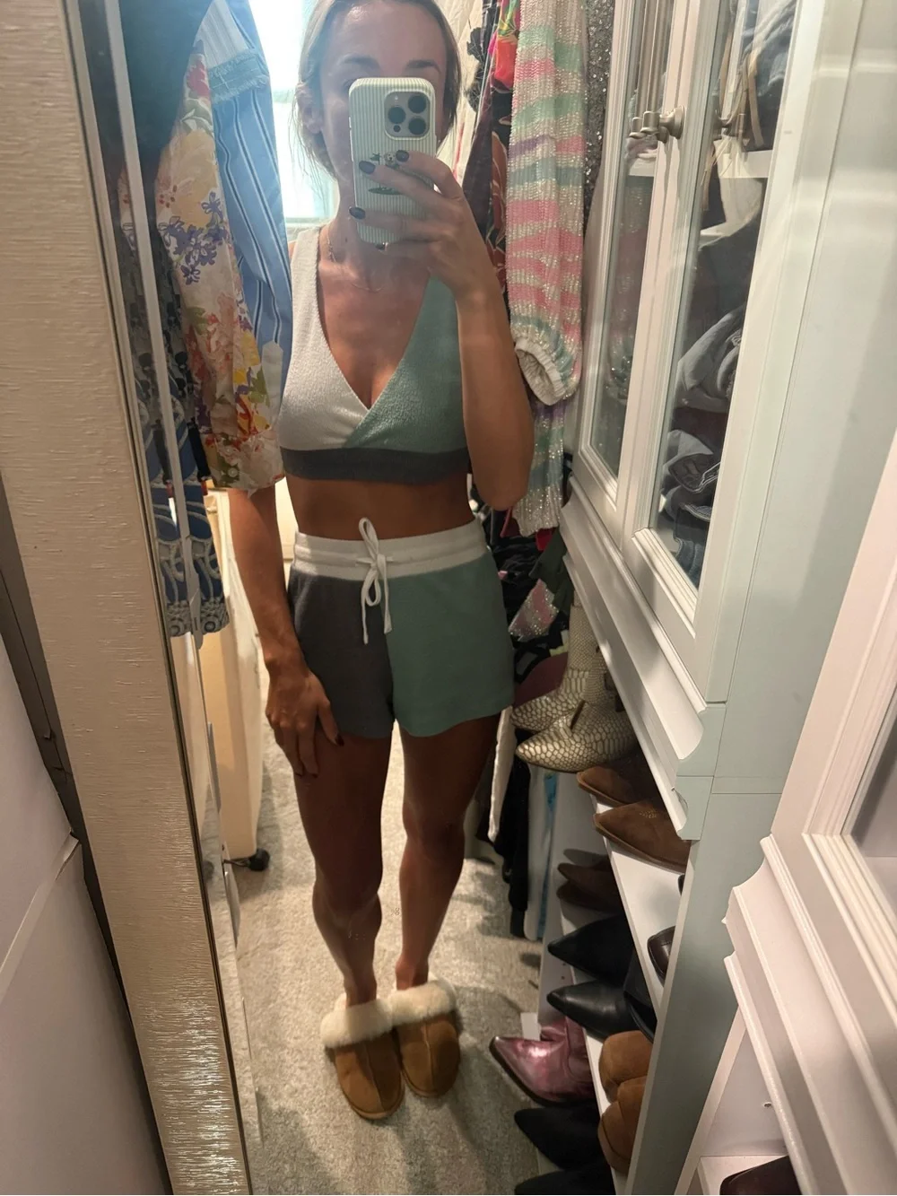 Z Supply Two-Tone Knit Shorts Set - Mint, Charcoal & Cream